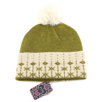 Freya Olive and cream Scandi snowflake knit bobble hat