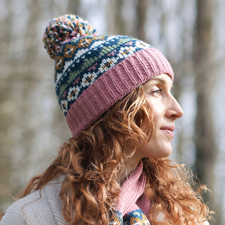 Valentina Rose pink,blue and sage  mix pattern knit bobble hat
