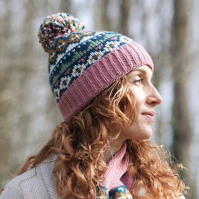 Valentina Rose pink,blue and sage  mix pattern knit bobble hat