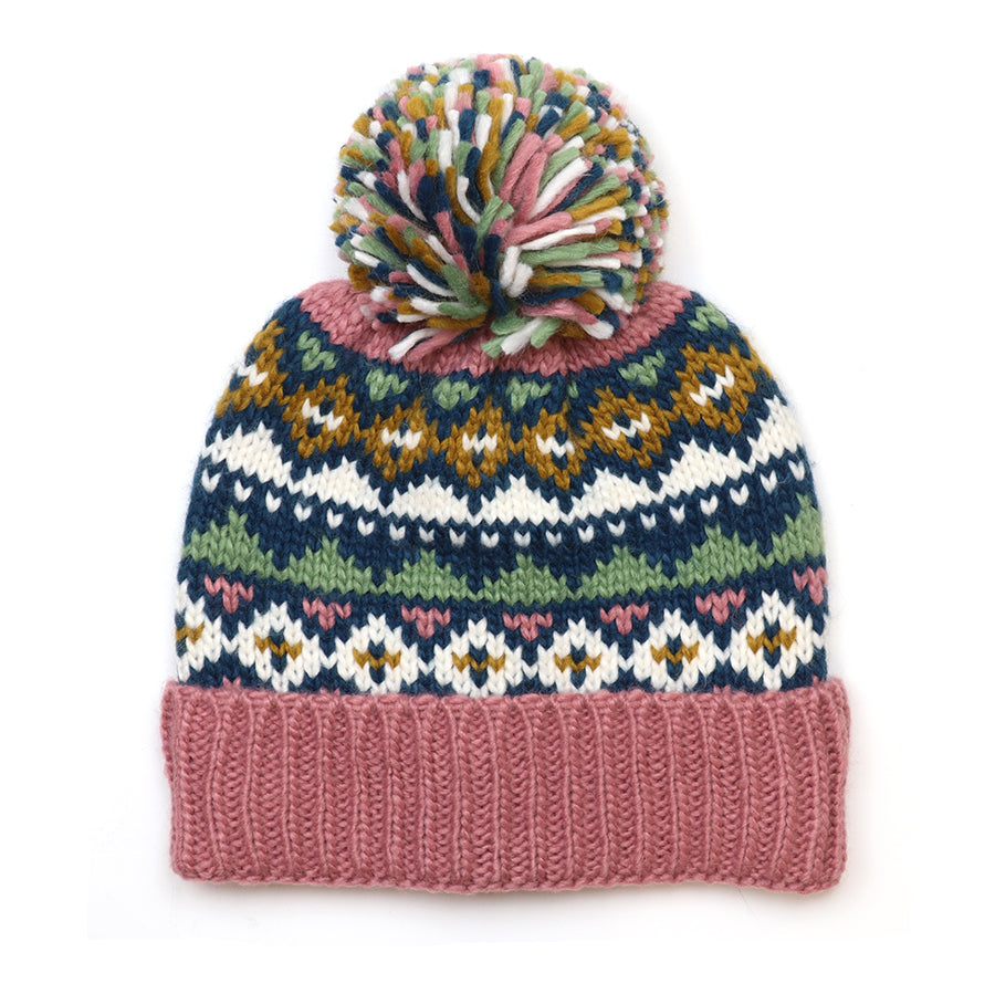 Valentina Rose pink,blue and sage  mix pattern knit bobble hat