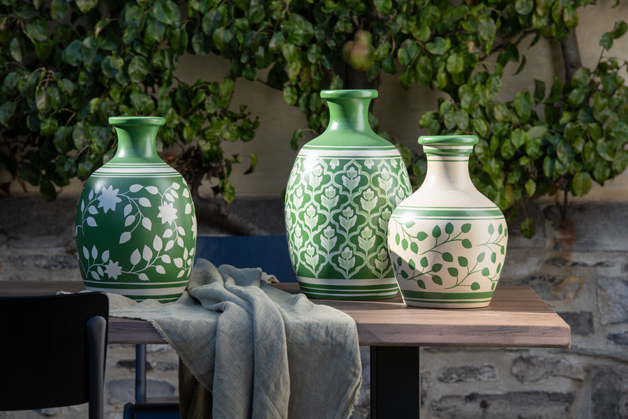 Vase Leaves+Lines Terracotta White/Green