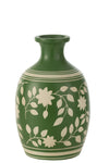 Vase Leaves/Flowers+Lines Terracotta Green/White