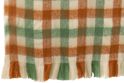 Plaid Checkered+Fringes Acrylic White/Green/Brown