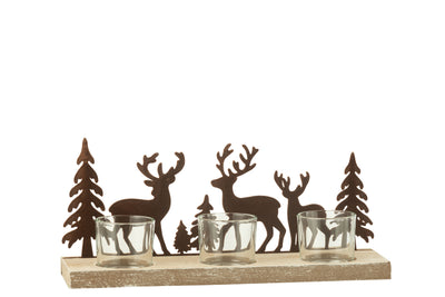 Tealight Holder 3 Pieces Reindeers/Trees Metal/Wood Brown