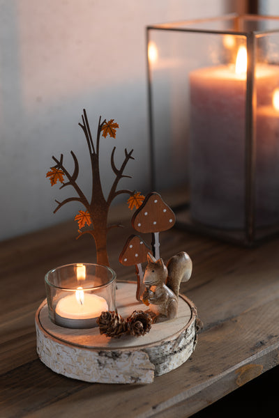 Tealight Holder Squirrel/Tree Wood/Metal Natural/Orange