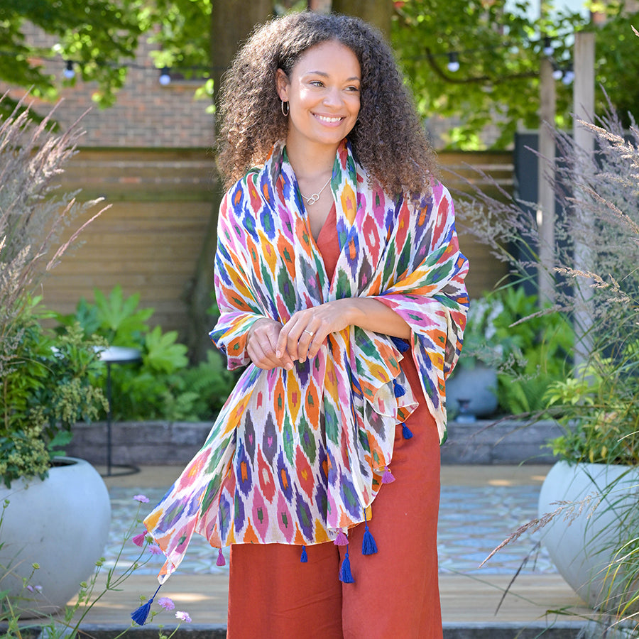 Organic cotton ikat print scarf with tassels