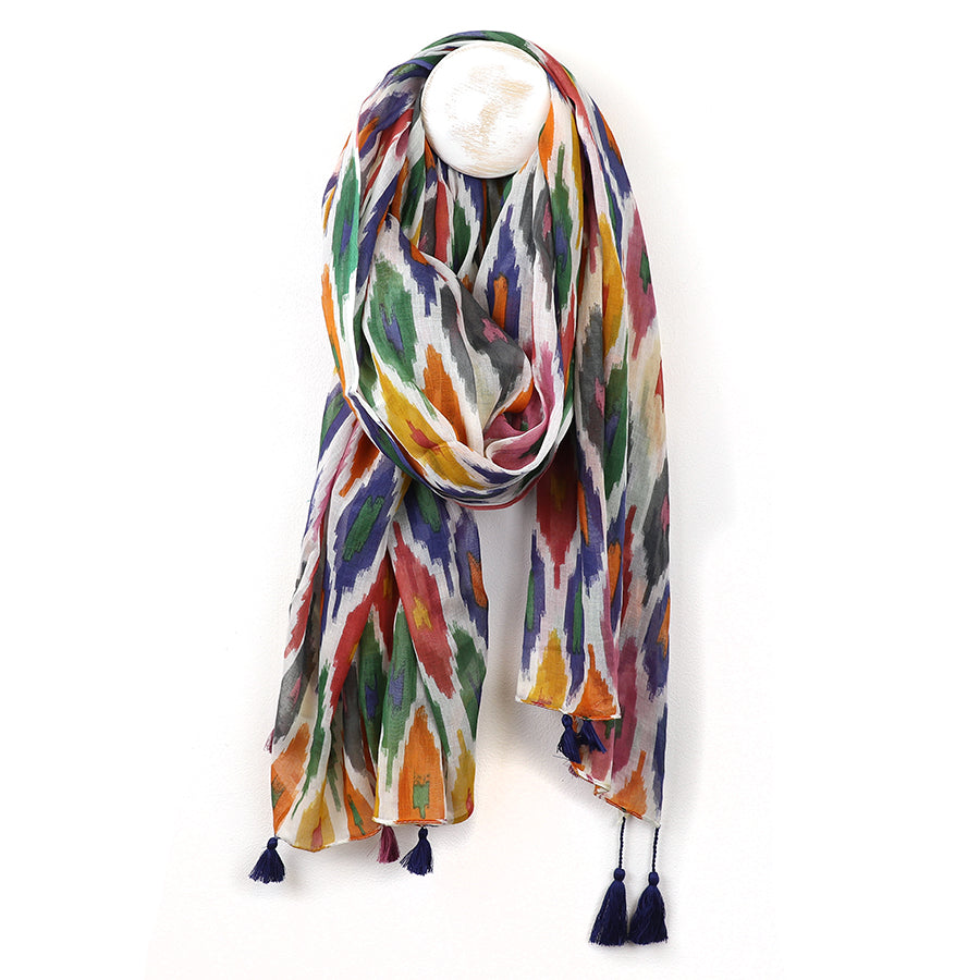 Organic cotton ikat print scarf with tassels