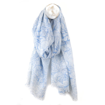 Organic cotton white and blue flower outline print scarf