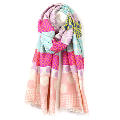 Reversible pink mix polkadot stripes scarf with fringe