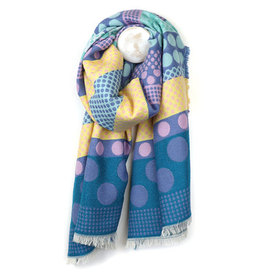 Reversible blue mix polkadot stripes scarf with fringe