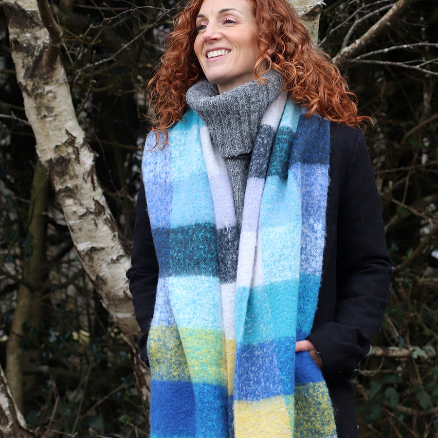 Blue and yellow mix recycled blend check scarf