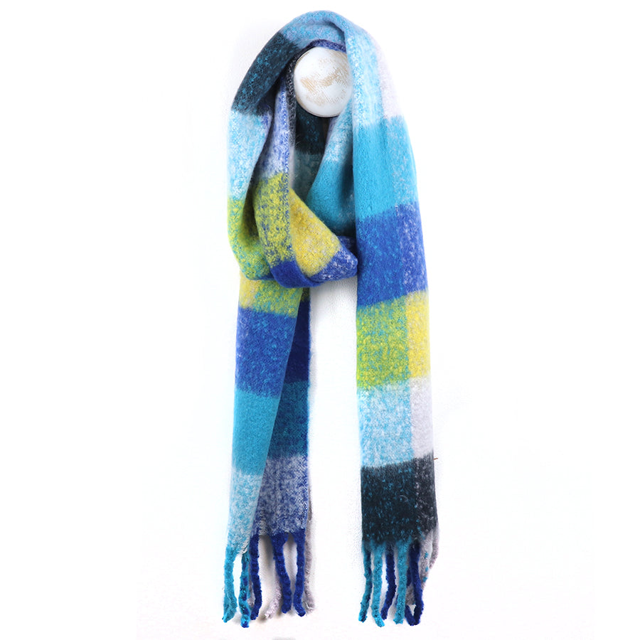 Blue and yellow mix recycled blend check scarf