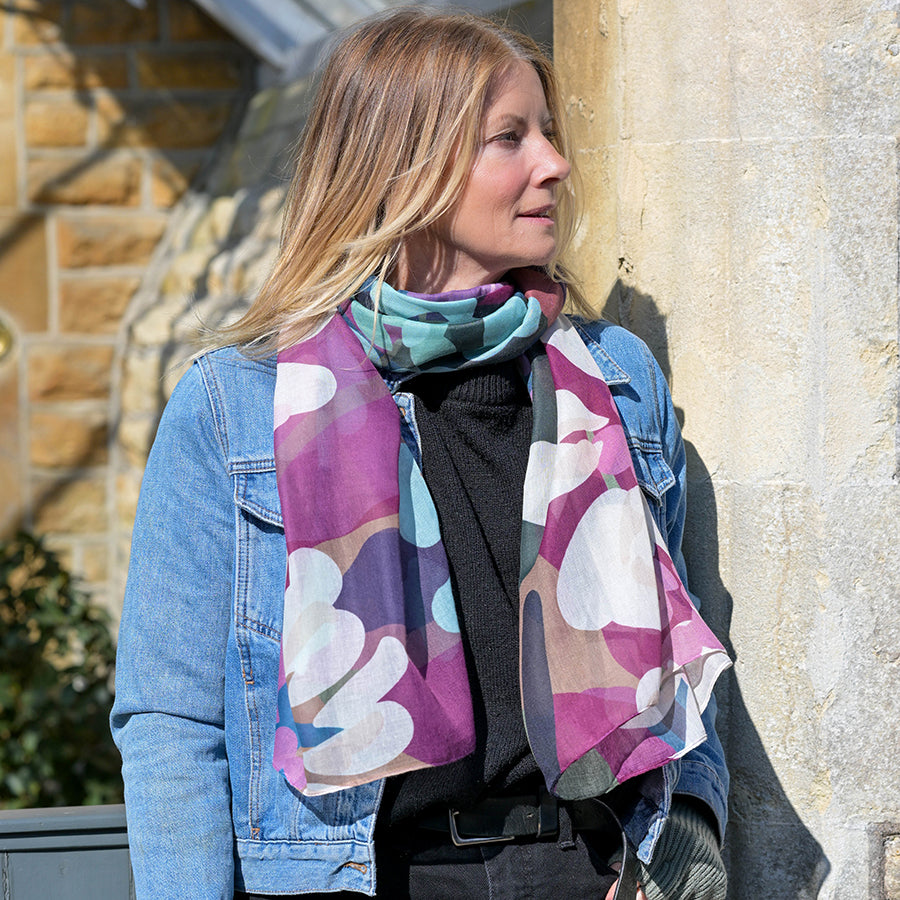 Florence Plum and teal mix oversize botanical print scarf |