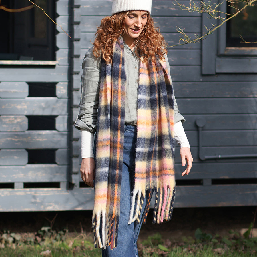 Molly Yellow, pink and navy blue cosy check scarf