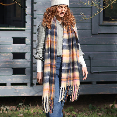 Molly Yellow, pink and navy blue cosy check scarf
