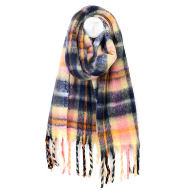 Molly Yellow, pink and navy blue cosy check scarf