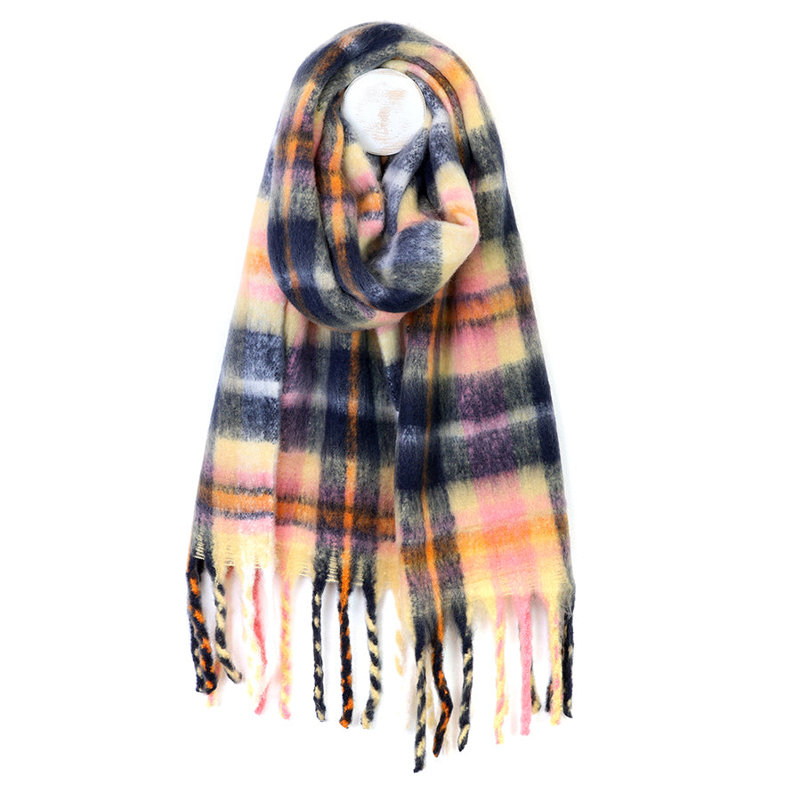 Molly Yellow, pink and navy blue cosy check scarf
