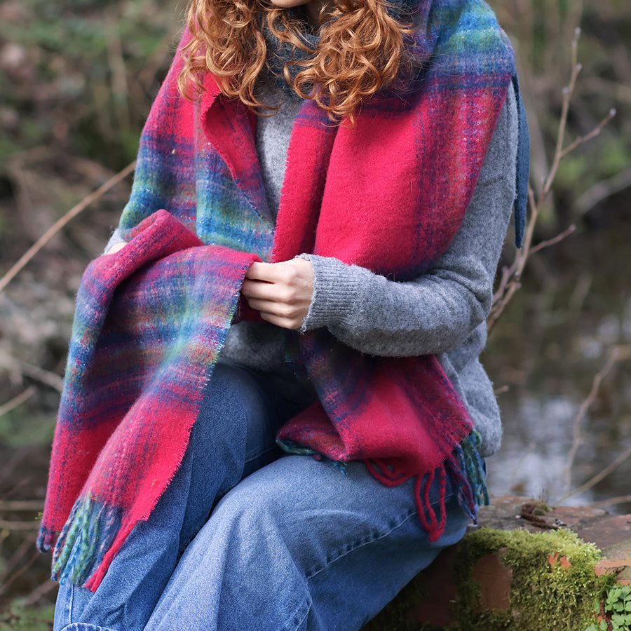 Miranda Blue,green and raspberry mix cosy check sections scarf