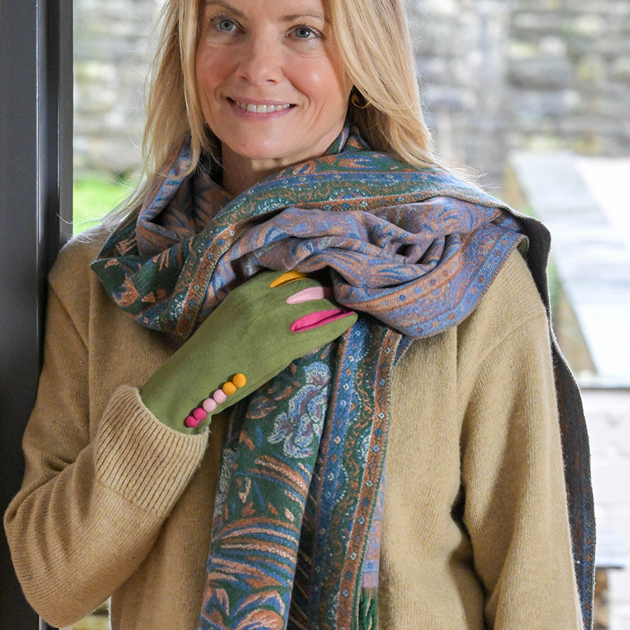 Celia Green,blue and rust mix reversible ornate fern leaf scarf