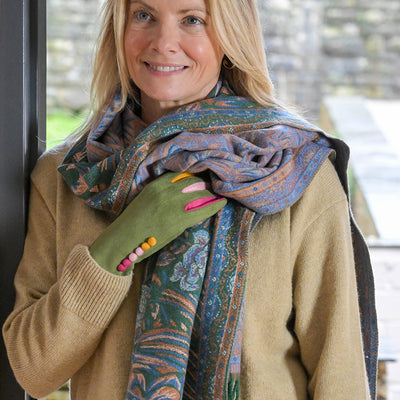 Celia Green,blue and rust mix reversible ornate fern leaf scarf