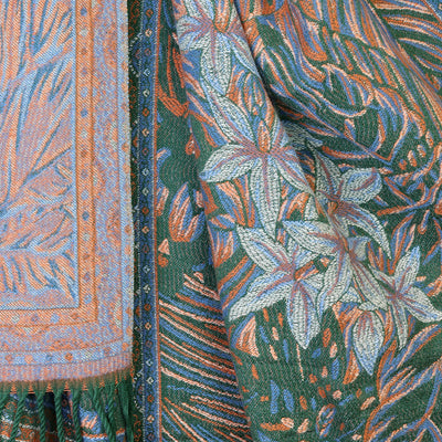 Celia Green,blue and rust mix reversible ornate fern leaf scarf