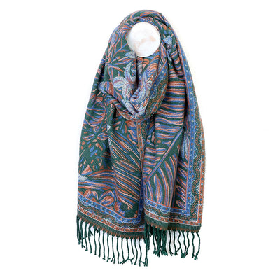 Celia Green,blue and rust mix reversible ornate fern leaf scarf