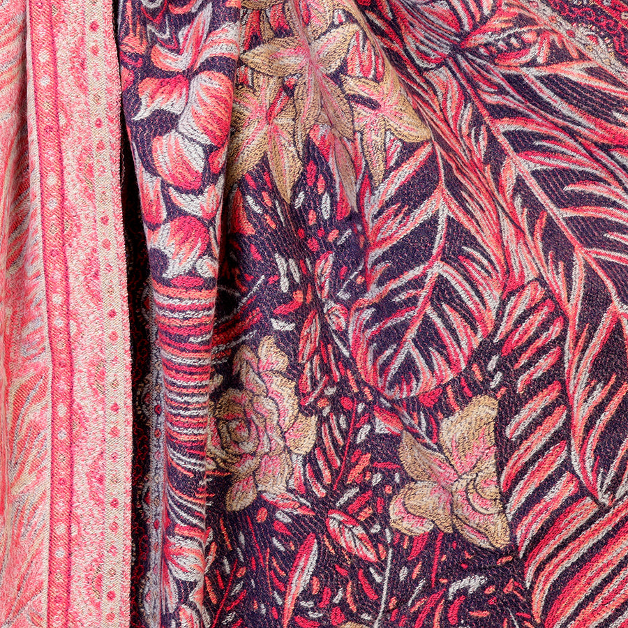 Celia Pink and navy blue mix reversible ornate fern leaf scarf