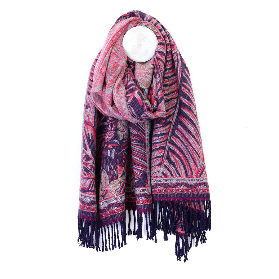 Celia Pink and navy blue mix reversible ornate fern leaf scarf