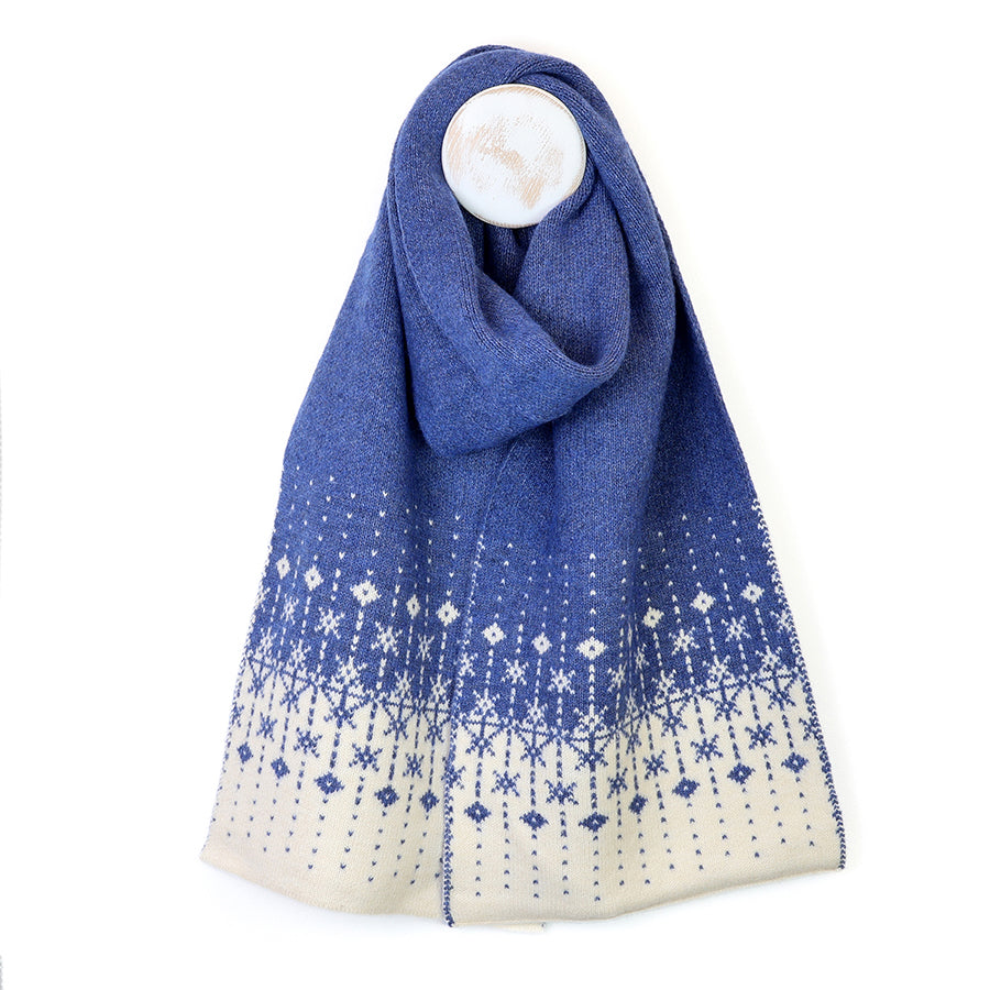 Freya Blue and cream Scandi snowflake edge knit scarf