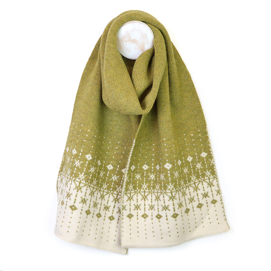 Freya Olive and cream Scandi snowflake edge knit scarf