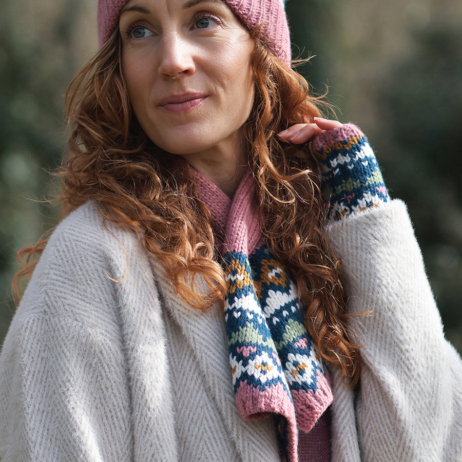 Valentina Rose Pink Fair Isle Knit pull through Scarf