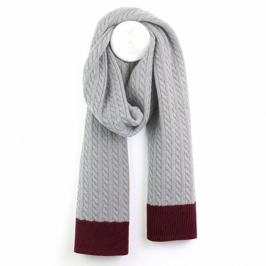Matty Grey cable knit scarf for men with burgundy trim