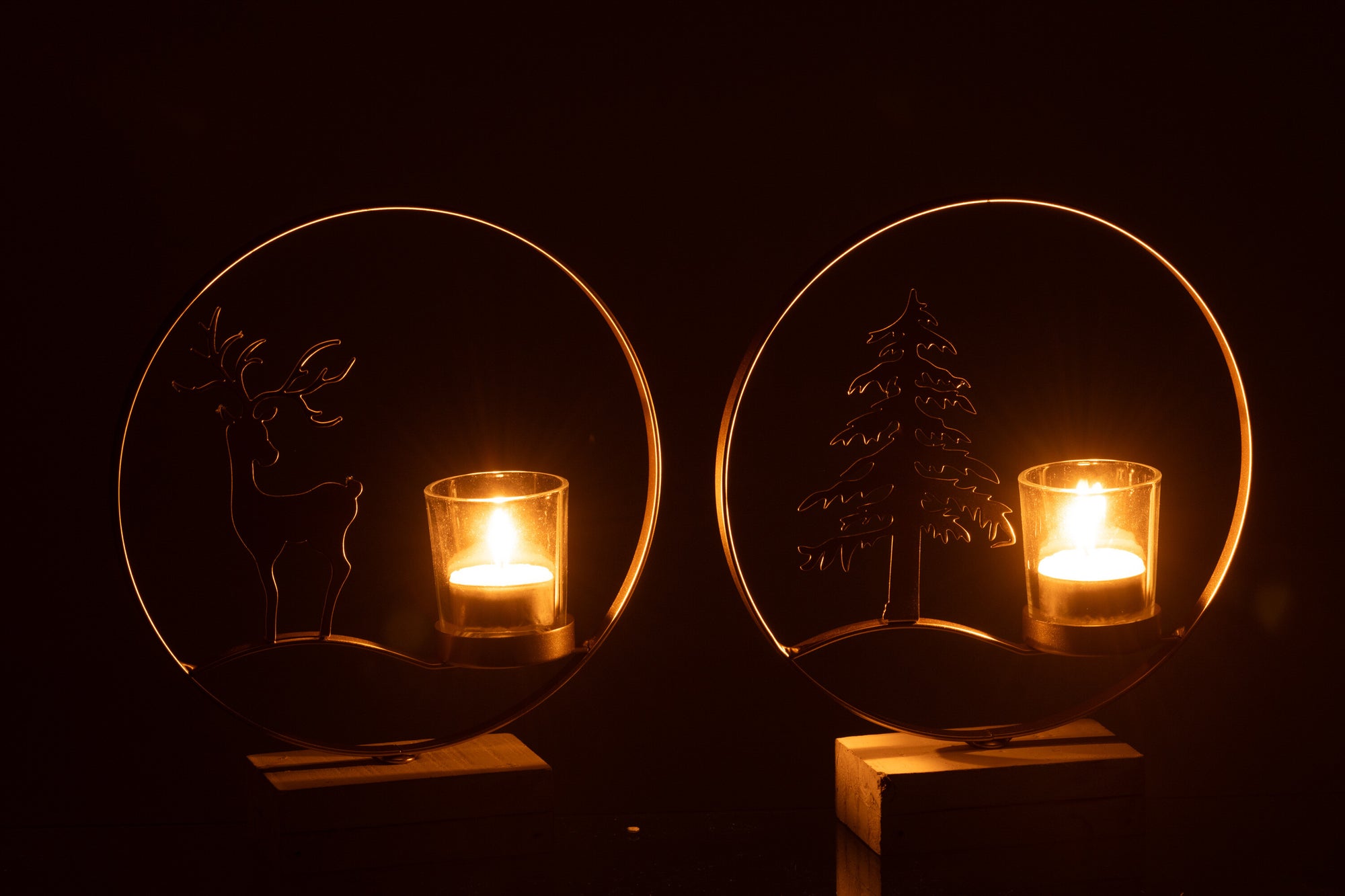 Tealight Holder Round Reindeer Wood Gold