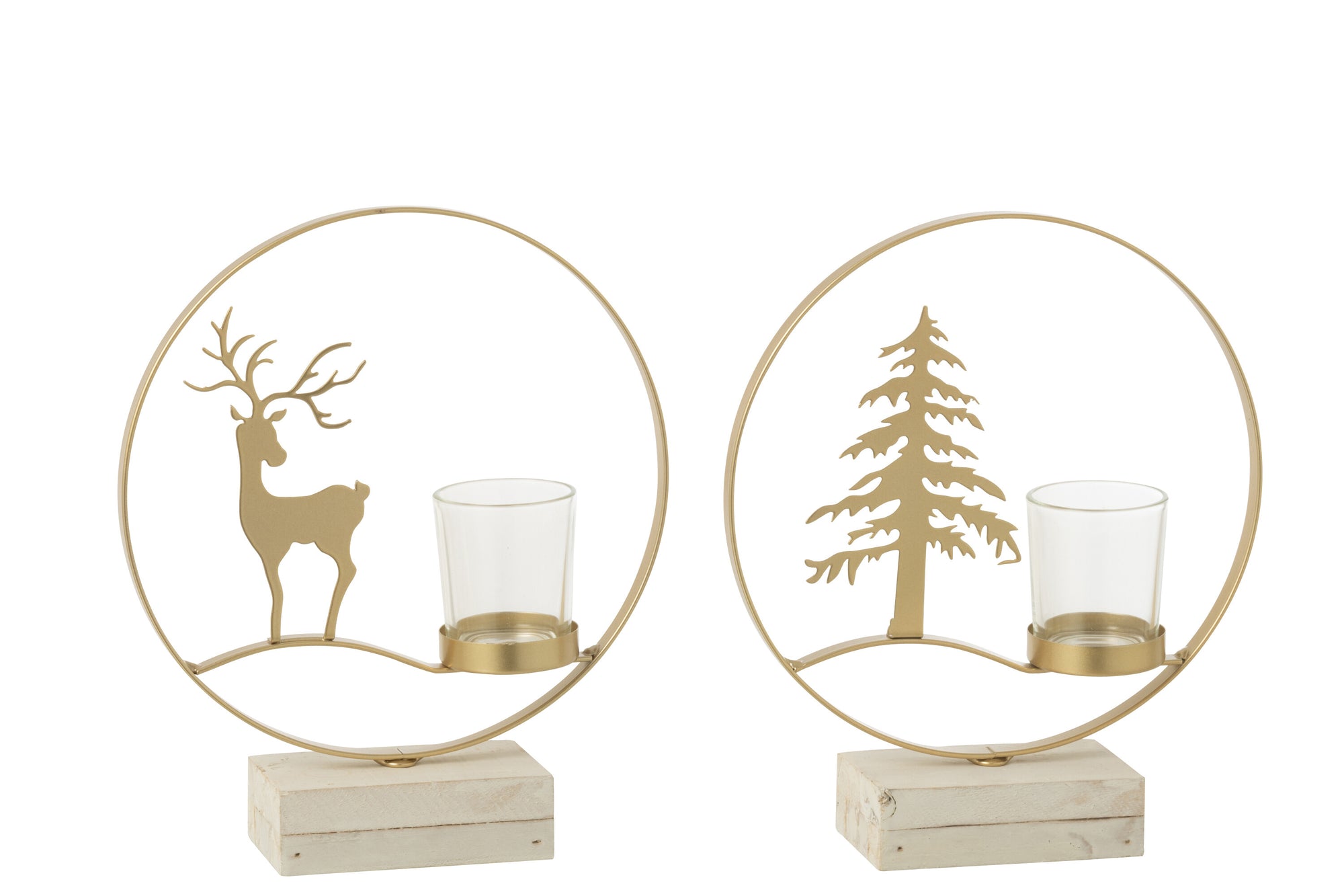 Tealight Holder Round Reindeer Wood Gold