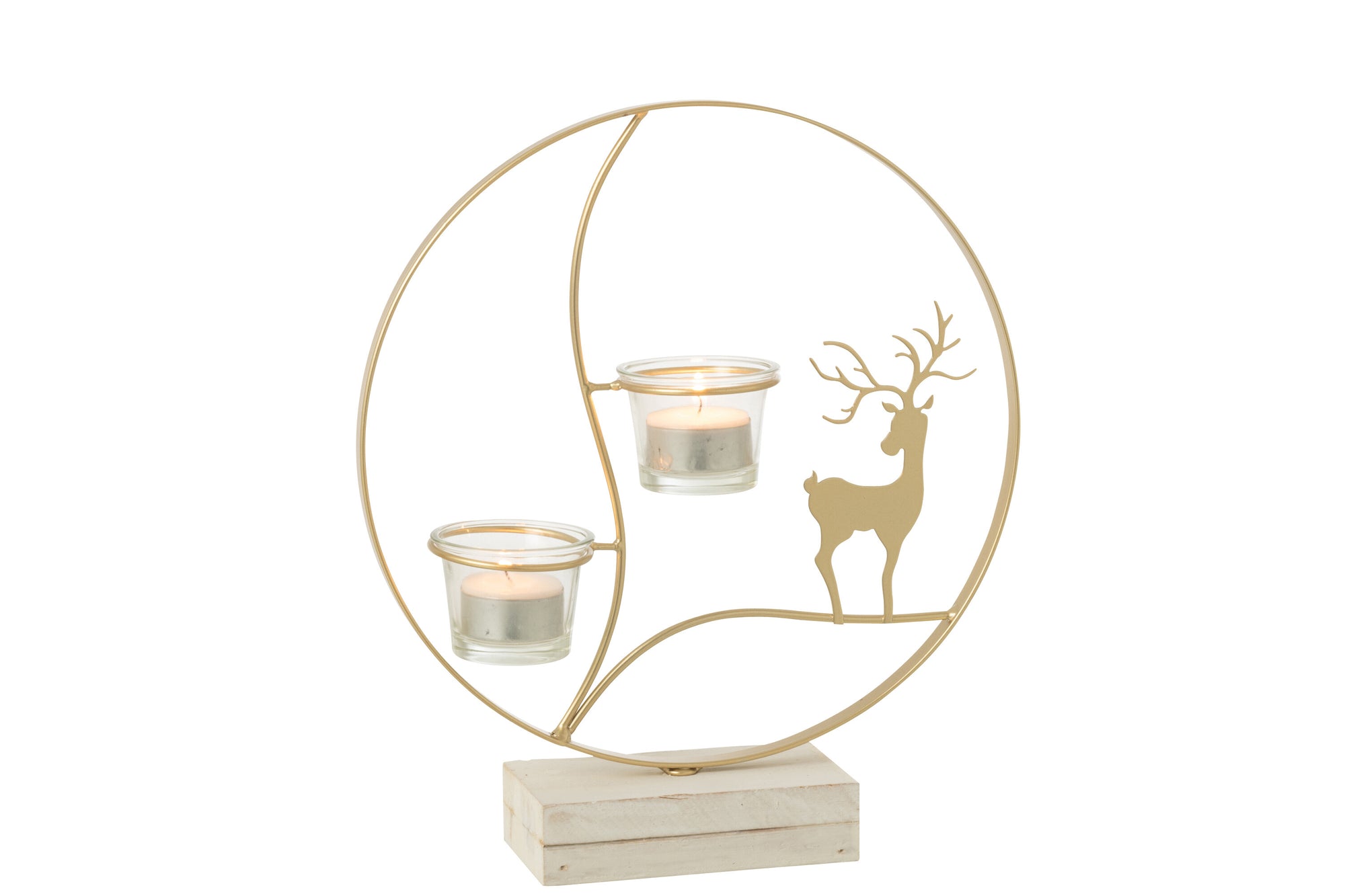 Tealight Holder Reindeer Round Wood Gold