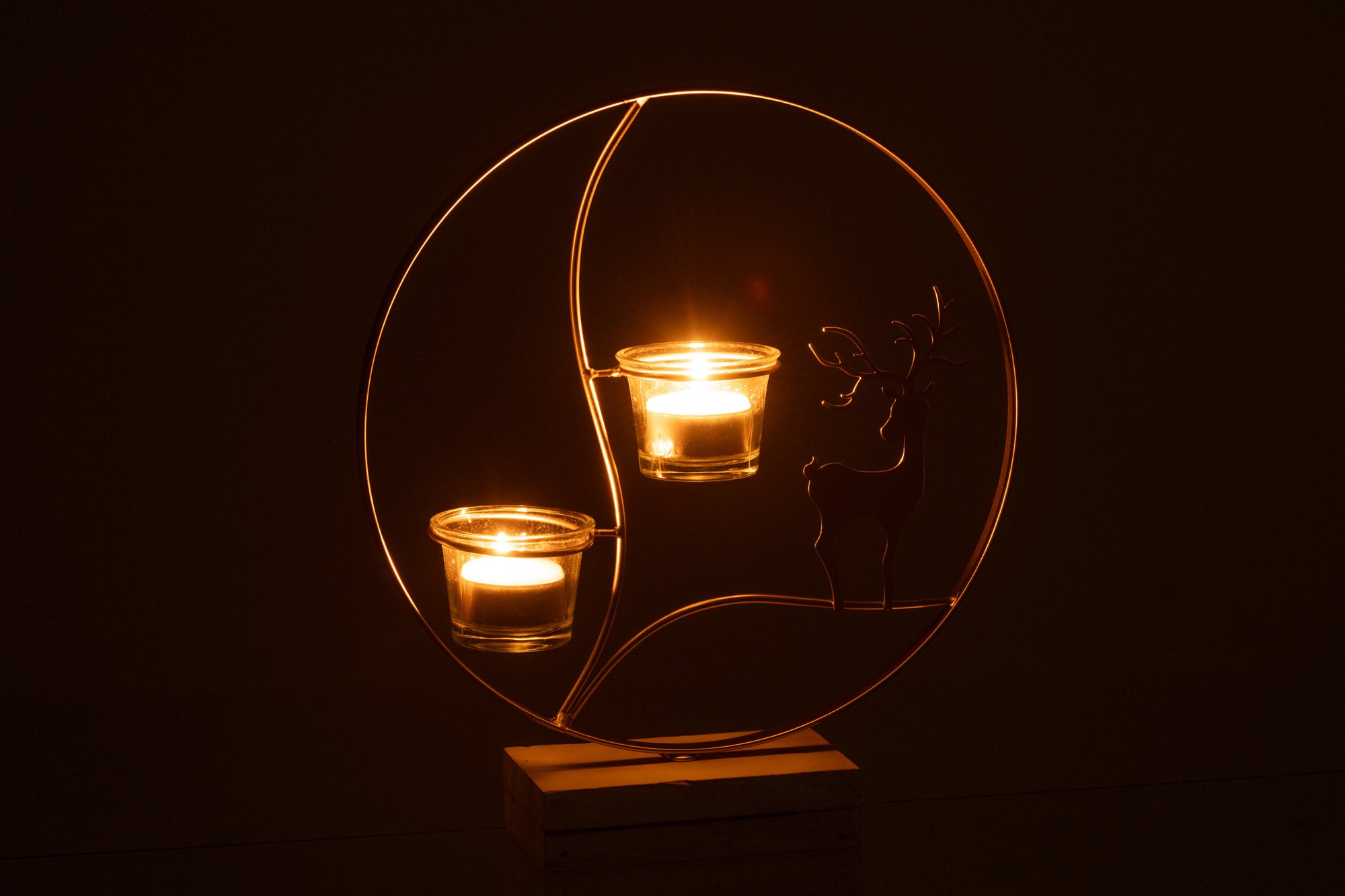 Tealight Holder Reindeer Round Wood Gold