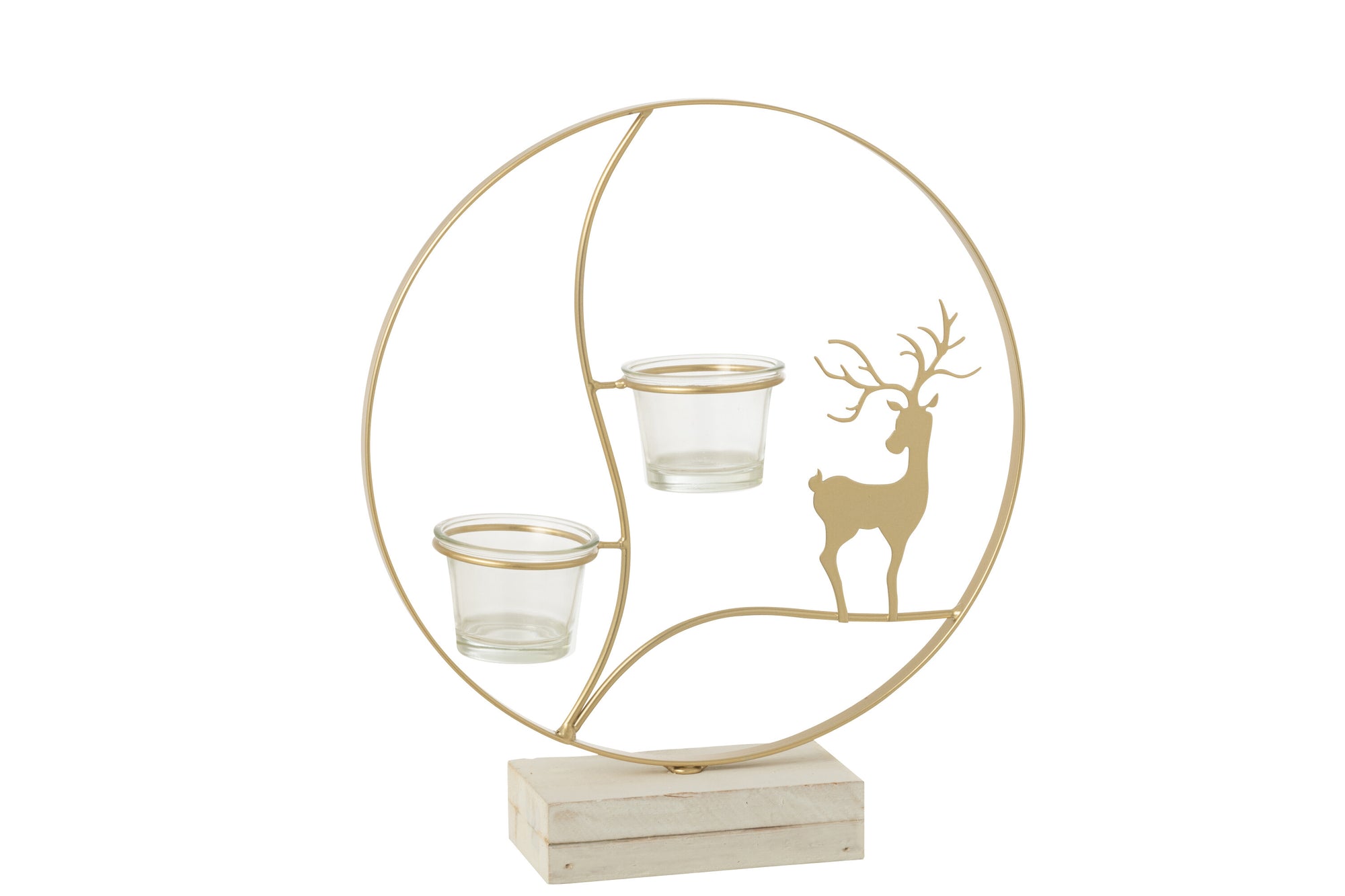 Tealight Holder Reindeer Round Wood Gold