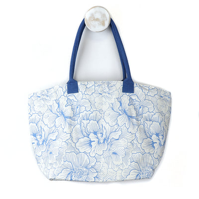 Cotton white and blue foral outline tote