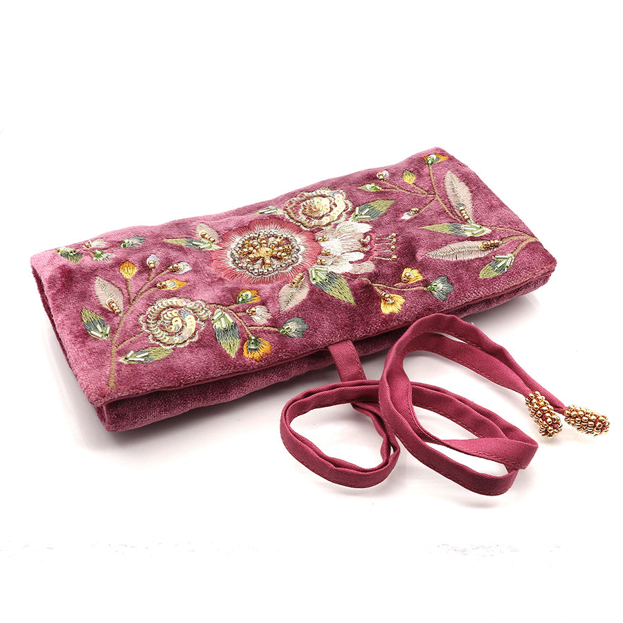 Pink velvet vintage floral embellished jewellery roll