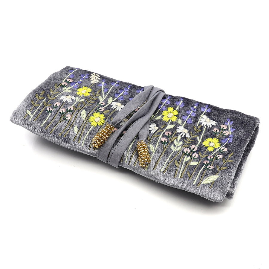 Grey velvet embroidered lavender jewellery roll