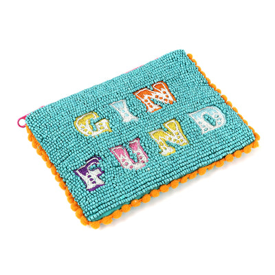 Small aqua beaded gin fund pom-pom purse