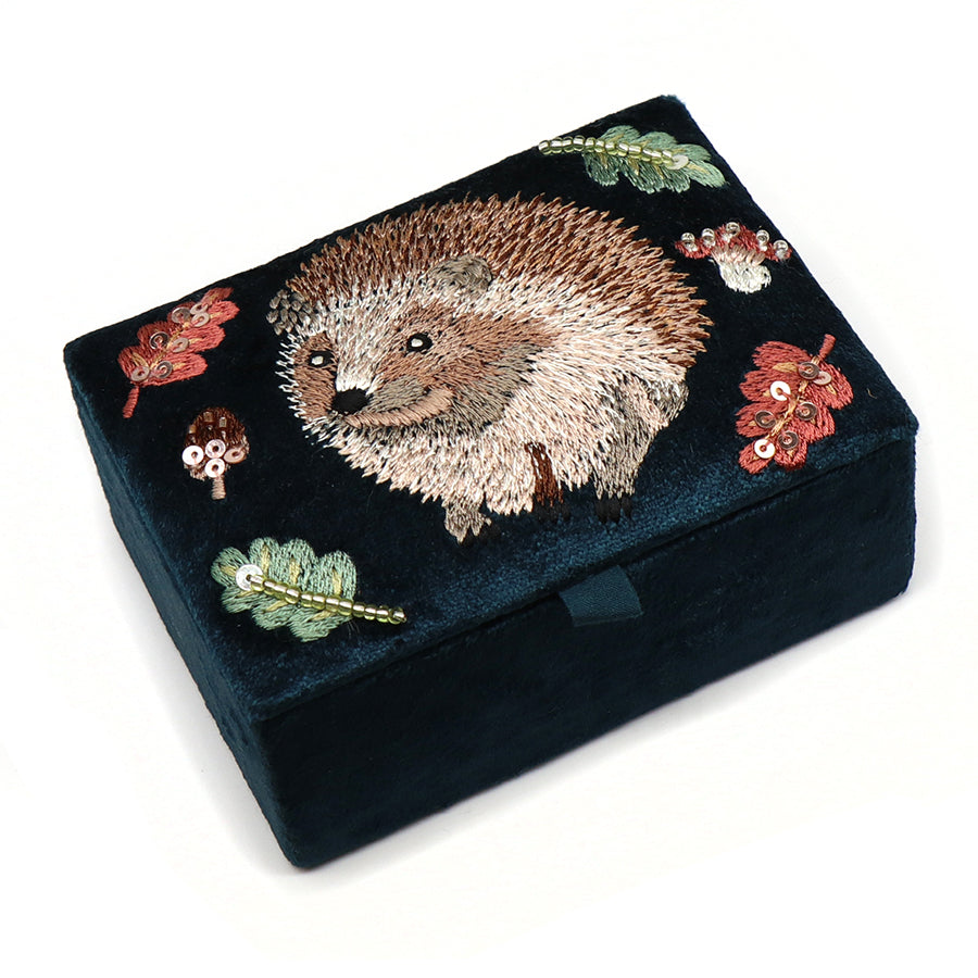 Dark teal velvet hedgehog embroidered jewellery box