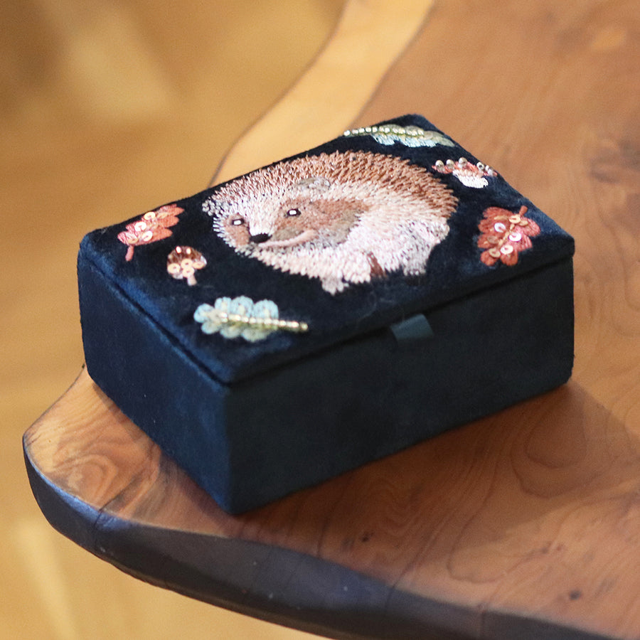 Dark teal velvet hedgehog embroidered jewellery box