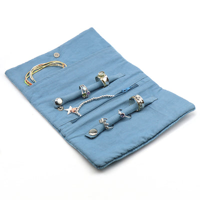 Blue velvet robin and embroidered holly jewellery roll