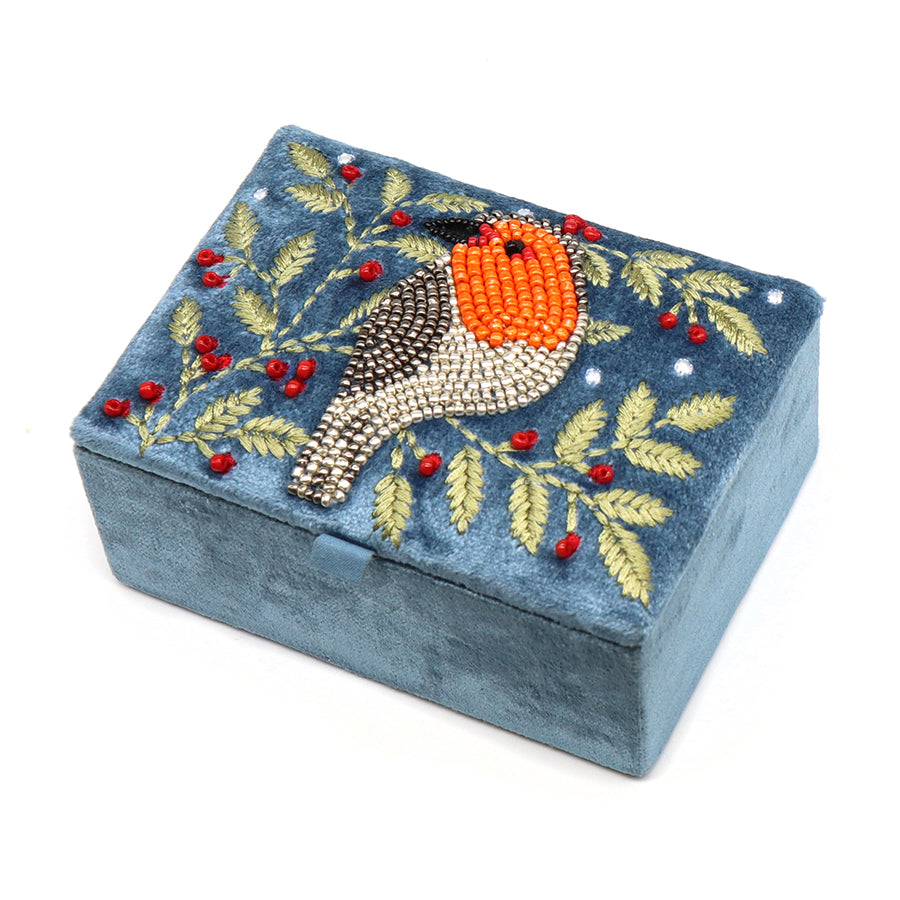Blue velvet robin and embroidered holly jewellery box