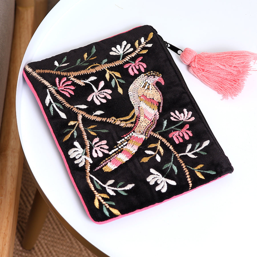 Black velvet and pink mix tropical bird embroidered zip purse