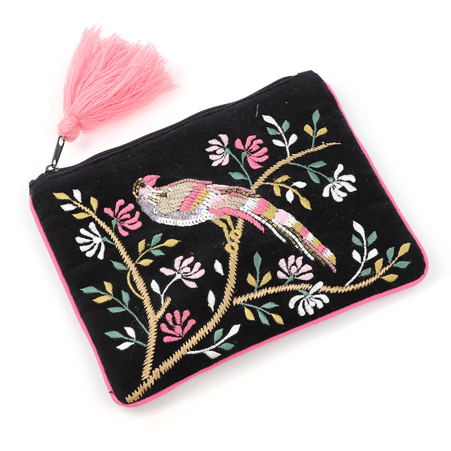 Black velvet and pink mix tropical bird embroidered zip purse
