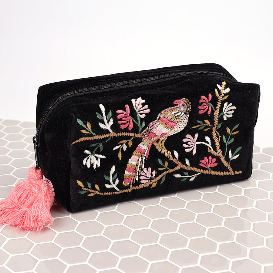 Black velvet and pink mix tropical bird embroidered wash bag