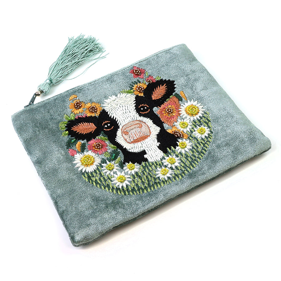 Daisy Grey/green velvet embroidered meadow and cow zip purse