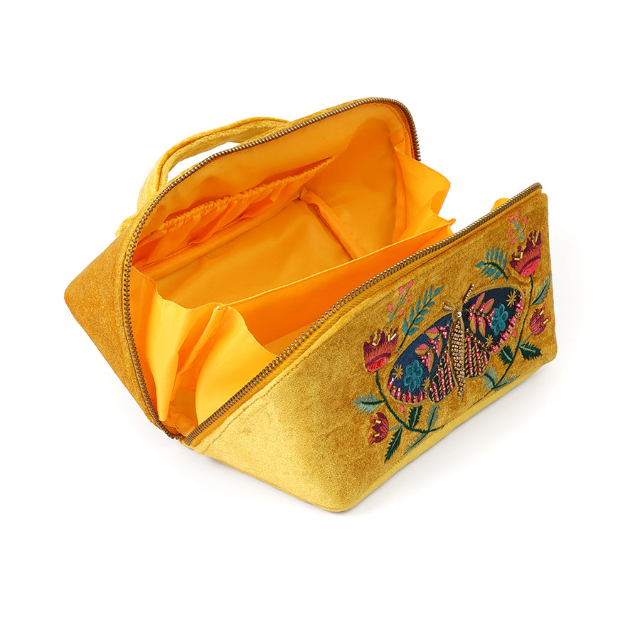Tiger Moth Mustard velvet embellished floral moth open out make-up bag